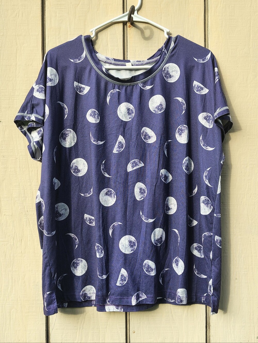 Moon Phase Print Top Navy Blue Celestial Graphic Tee Short Sleeve Stretch Casual
